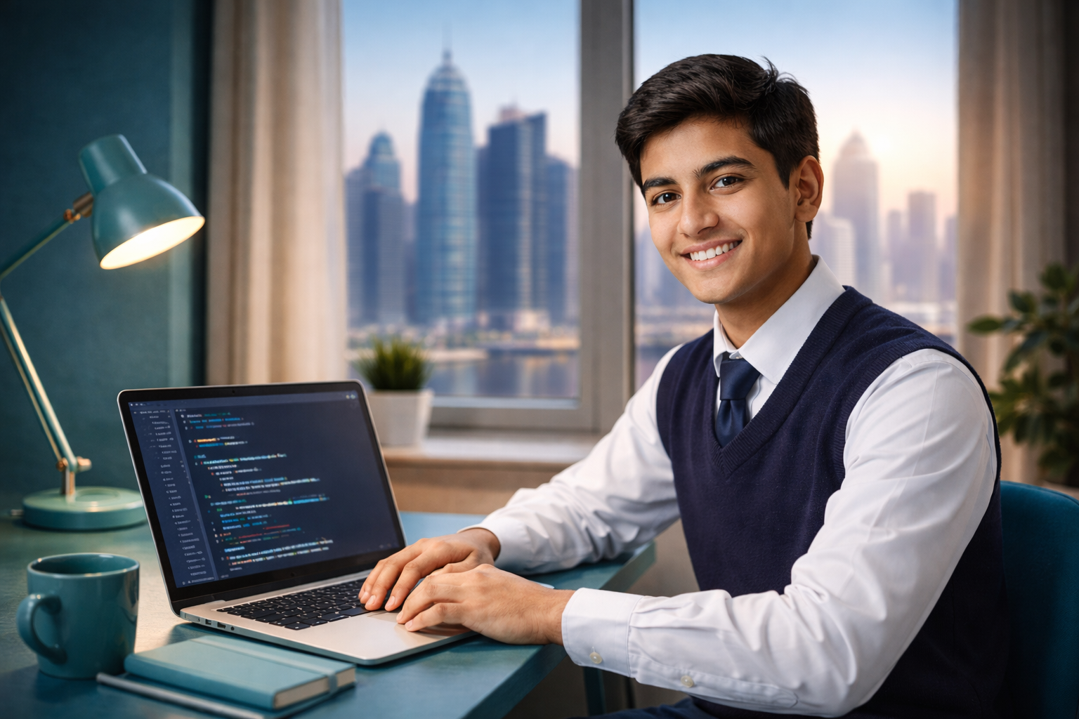 Student learning Computer Science online with Doha skyline - KwickPrep Qatar