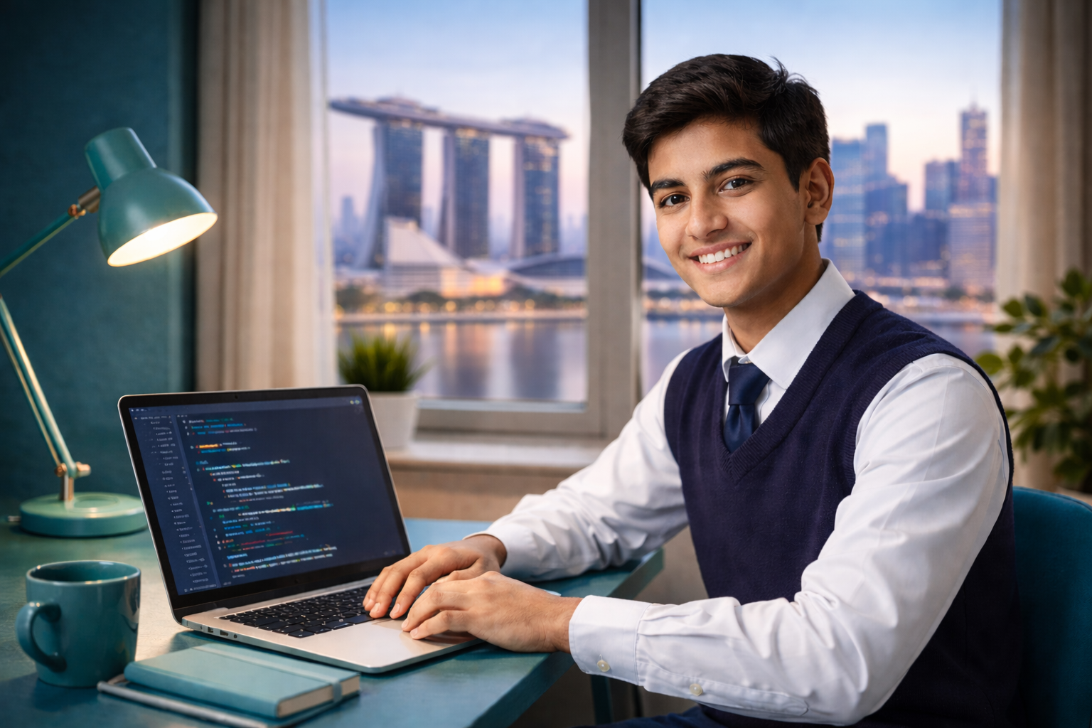Student learning Computer Science online with Singapore skyline - KwickPrep Singapore