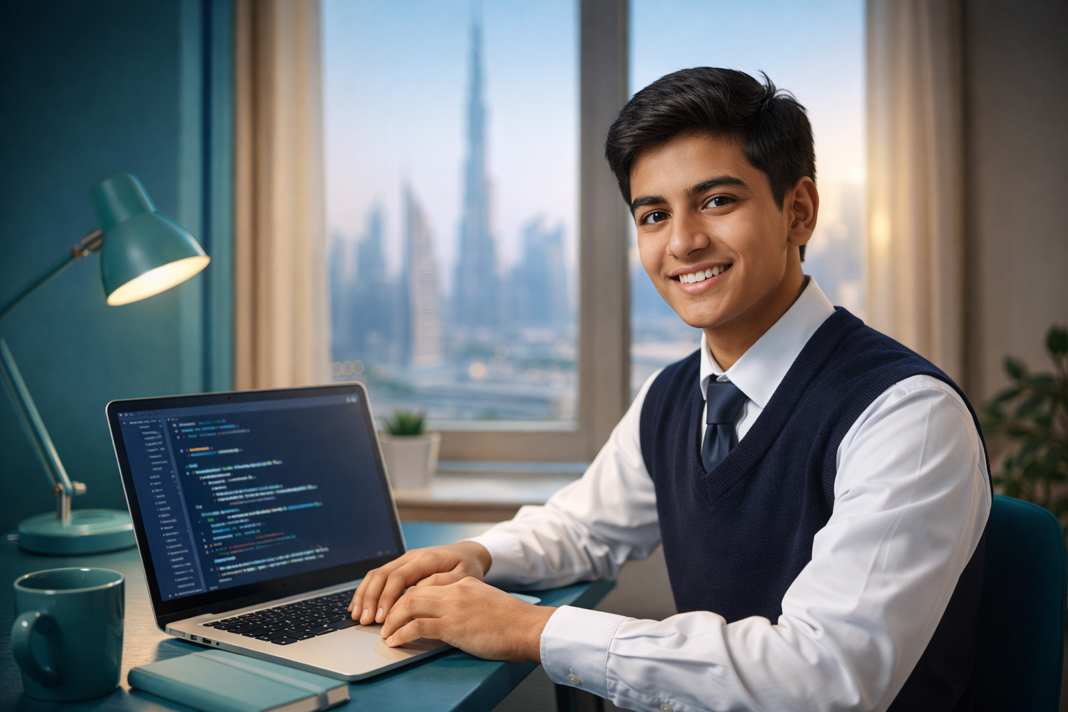 Student learning Computer Science online with Dubai skyline - KwickPrep UAE