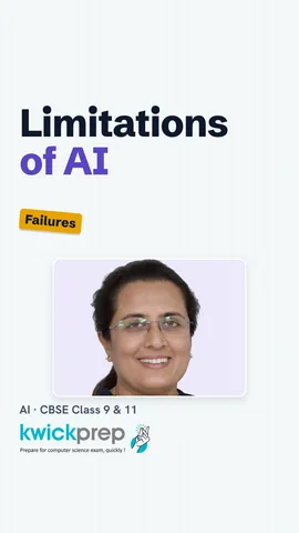 Table of AI limitations: bias in a hiring tool, wrong chatbot facts, failure on new cases.