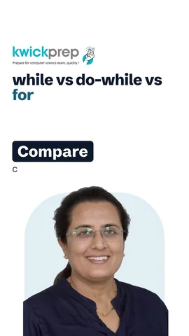 Table: while checks before, runs 0; for checks before, runs 0; do-while checks after, runs 1.