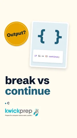 C for loop with continue at 3 and break at 5, printing 1 2 4.