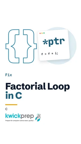 C code int f = 1; for loop f = f * i to 5, output 120.