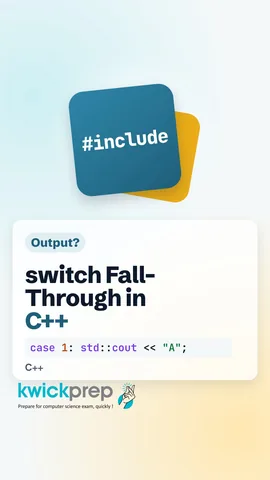 C++ switch (1) with case 1 printing A and case 2 printing B, no break, output AB.