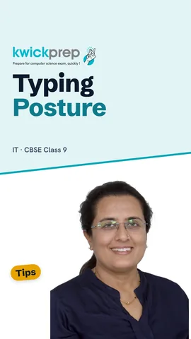 Checklist for typing posture: back, feet, wrists, screen and breaks.