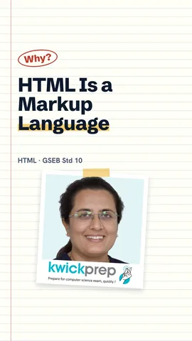 Card: HTML means HyperText Markup Language, tells the browser what to show, no logic.