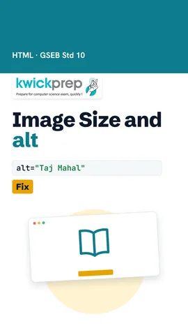 Code <img src="taj.jpg" width="400" alt="Taj Mahal"> with a broken-image box showing the alt words.