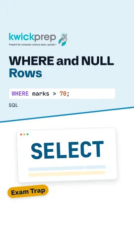 WHERE marks > 70 query with output missing the NULL row.