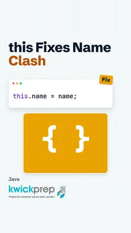 Reel showing this.name = name storing a constructor parameter into the field.