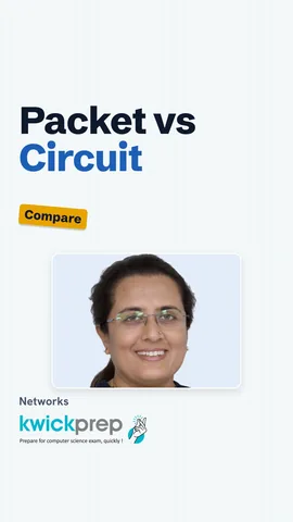 A table comparing packet and circuit switching on path, arrival order and example.