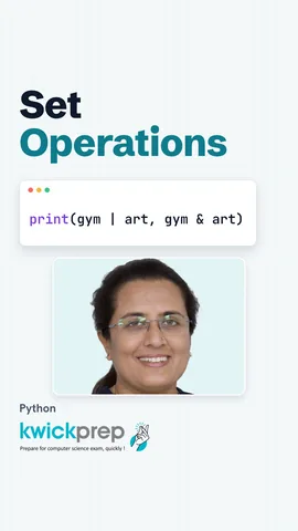 Code with gym {1, 2, 4} and art {2, 4, 5} showing union, intersection, difference and symmetric difference.