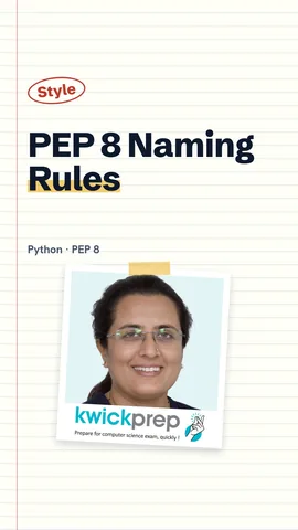 Slide listing PEP 8 naming rules for variables, functions, classes and constants.