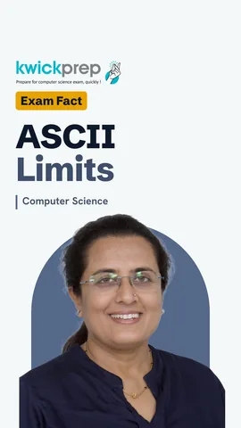ASCII facts: 7 bits, 128 characters, A is 65, a is 97, no Indian scripts.
