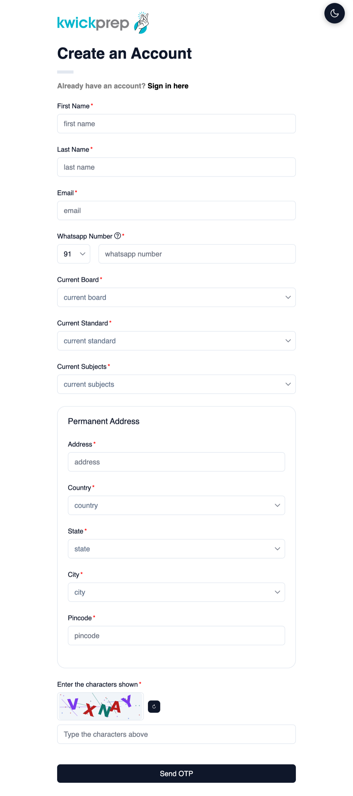 Registration form